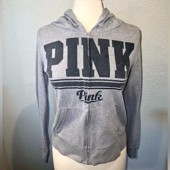 PINK VICTORIA’S SECRET Heather Grey Zip-Up Hoodie w/ Front Logo - Picture 2 of 7